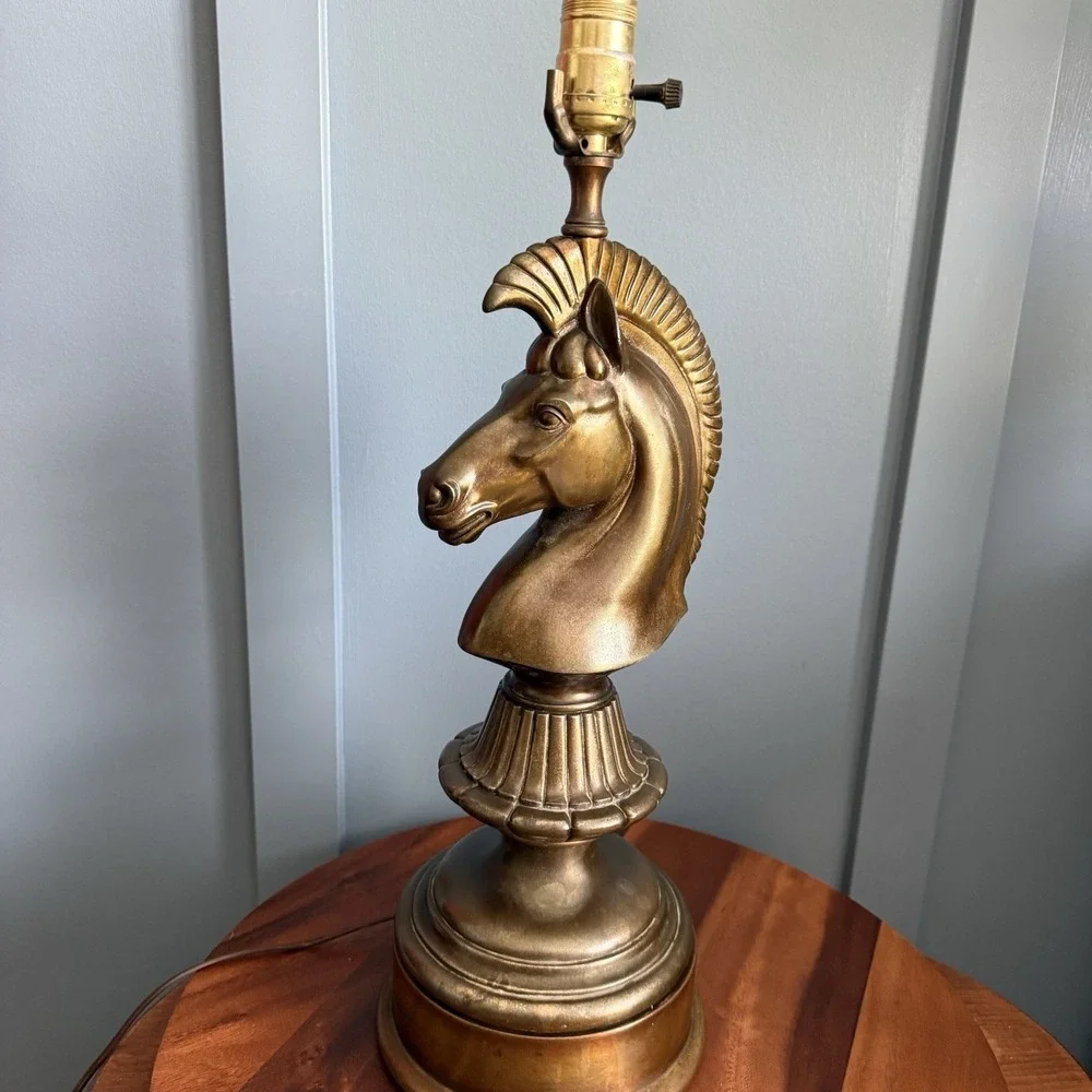 Vintage Brass Horse Head Bust Lamp Equestrian Hollywood Regency Chess Knight 21